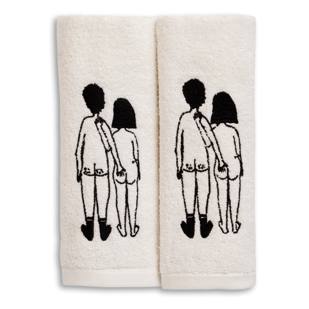 kitchen towel naked couple back