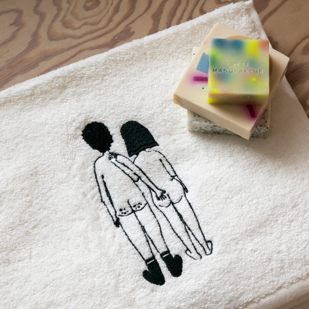 kitchen towel naked couple back