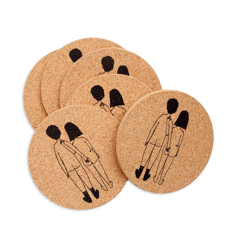 coaster cork naked couple back (set of 6)