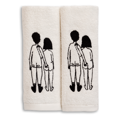 kitchen towel naked couple back
